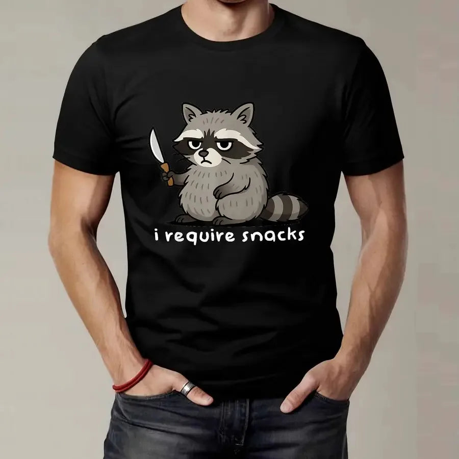 Men's Funny Raccoon "I Require Snacks" Vintage T-Shirt - Cute Raccoon Face and Humor Text Loose Fit Casual Shirt