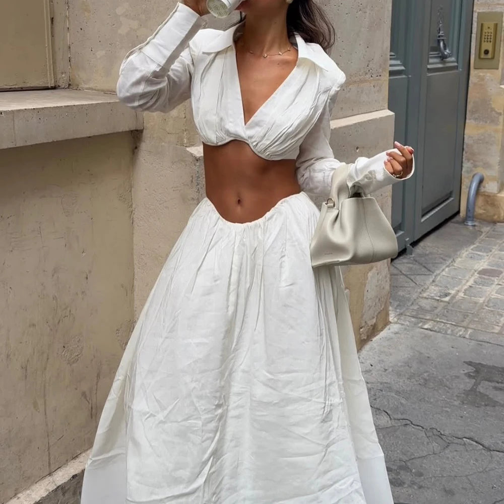 TWOTWINSTYLE White Spliced Folds Two Piece Set Female V Neck Long Sleeve Shirt Minimalist Streetwear Women's Skirt Set Fashion