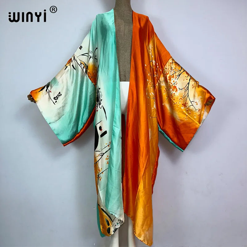 Women Cardigan stitch Cocktail sexy Boho Maxi African Holiday Batwing Sleeve Silk feeling Robe