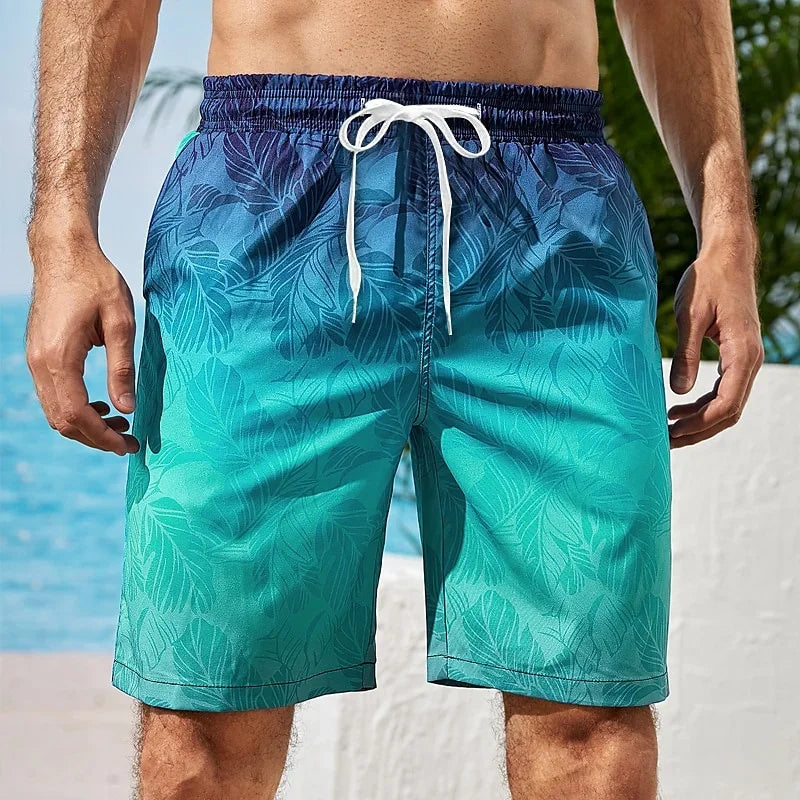 Men's gradual change pattern beach shorts, colorful 3D printed surf shorts, summer casual vacation loose shorts, surf trunks