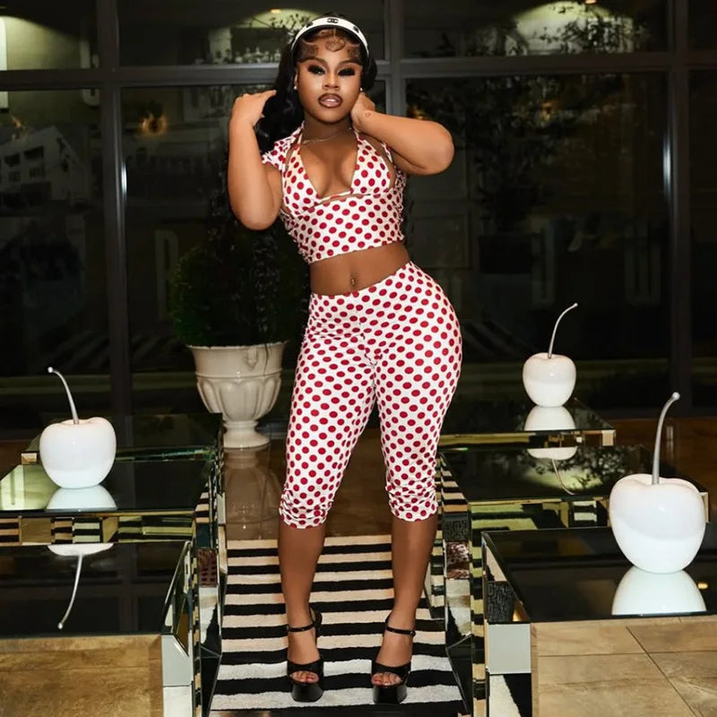Fashion Vintage Polka Dot Print 3 Piece Sets Woman Outfits Short Sleeve Crop Tops and Midi-Pants