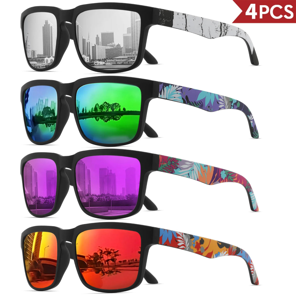 4PCS Square Sports Sunglasses with Designer Temple Pattern - UV400 for Men/Women, Beach Vacation