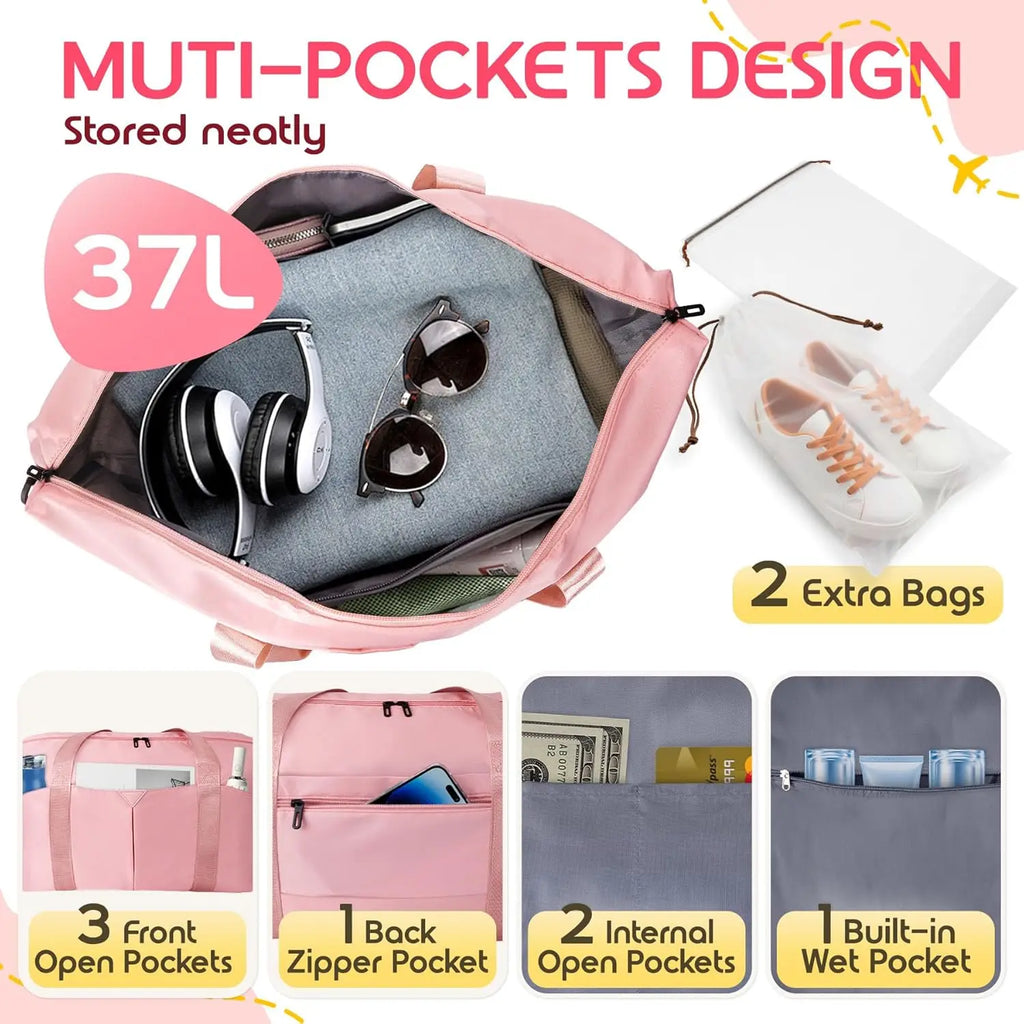 Versatile Travel Duffel Bag with Trolley Sleeve, Waterproof Pocket for Gym and Hospital Use in Pink