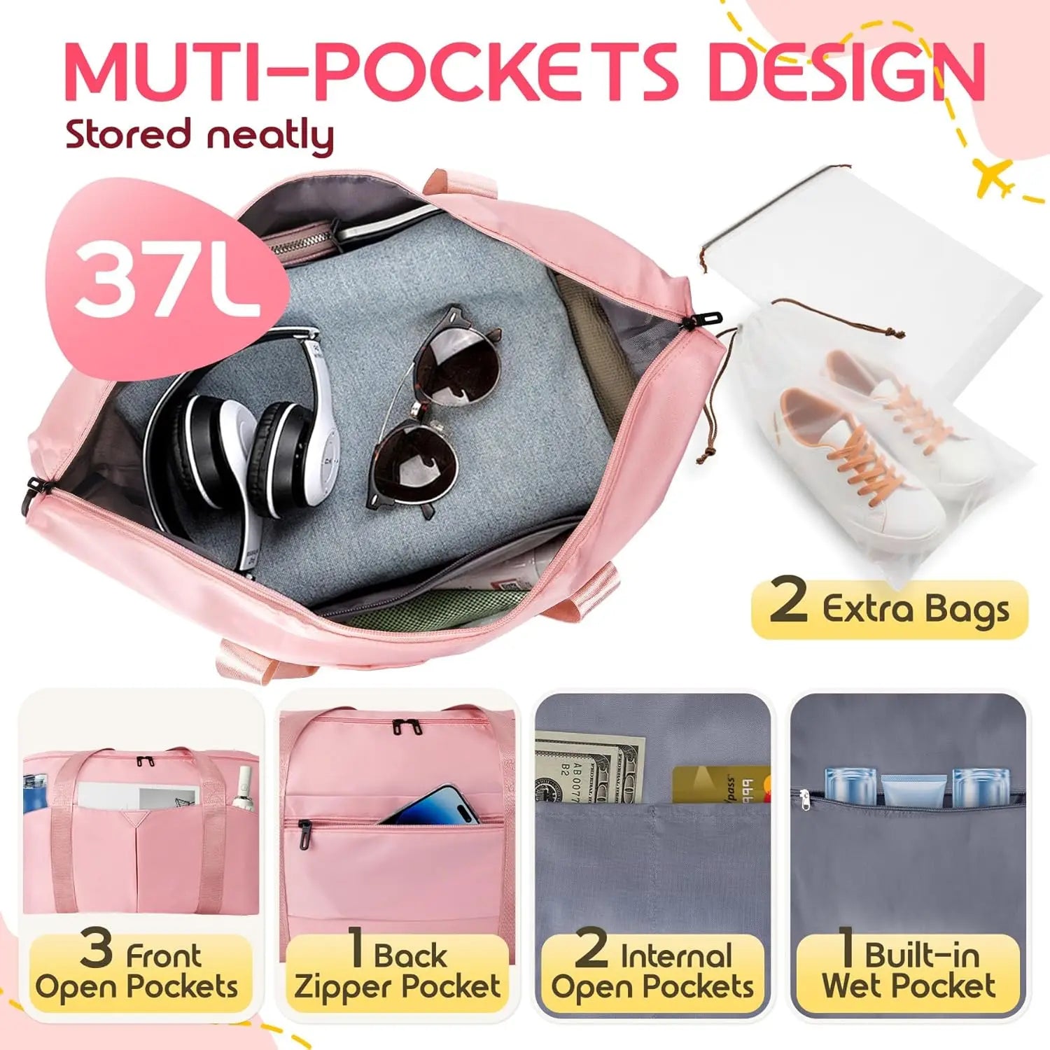 Versatile Travel Duffel Bag with Trolley Sleeve, Waterproof Pocket for Gym and Hospital Use in Pink