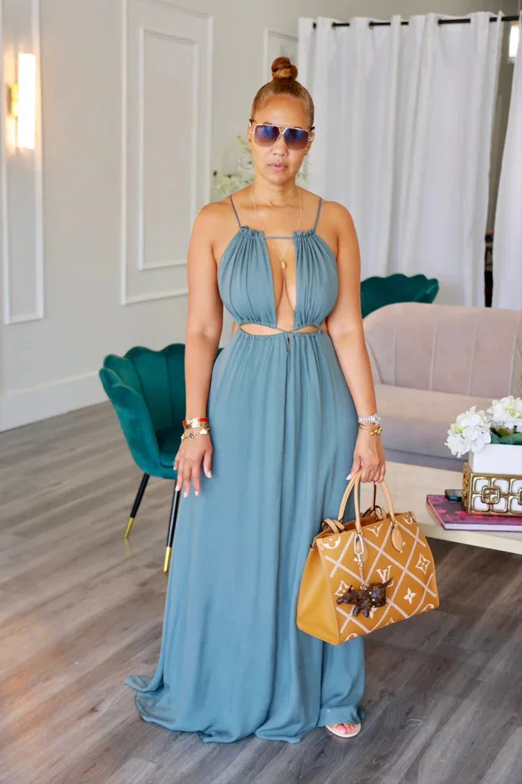 Women's Dress Summer Holiday Solid Long Dresses Sexy Drawstring Lace Up Sleeveless