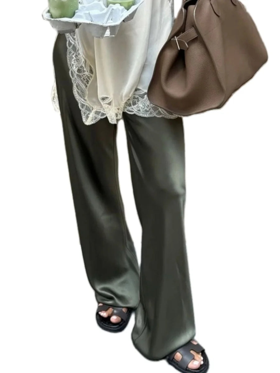 New Fashion Satin Silk Wide Leg Dress Pants for Women Low Rise Baggy Long Flowy Trousers