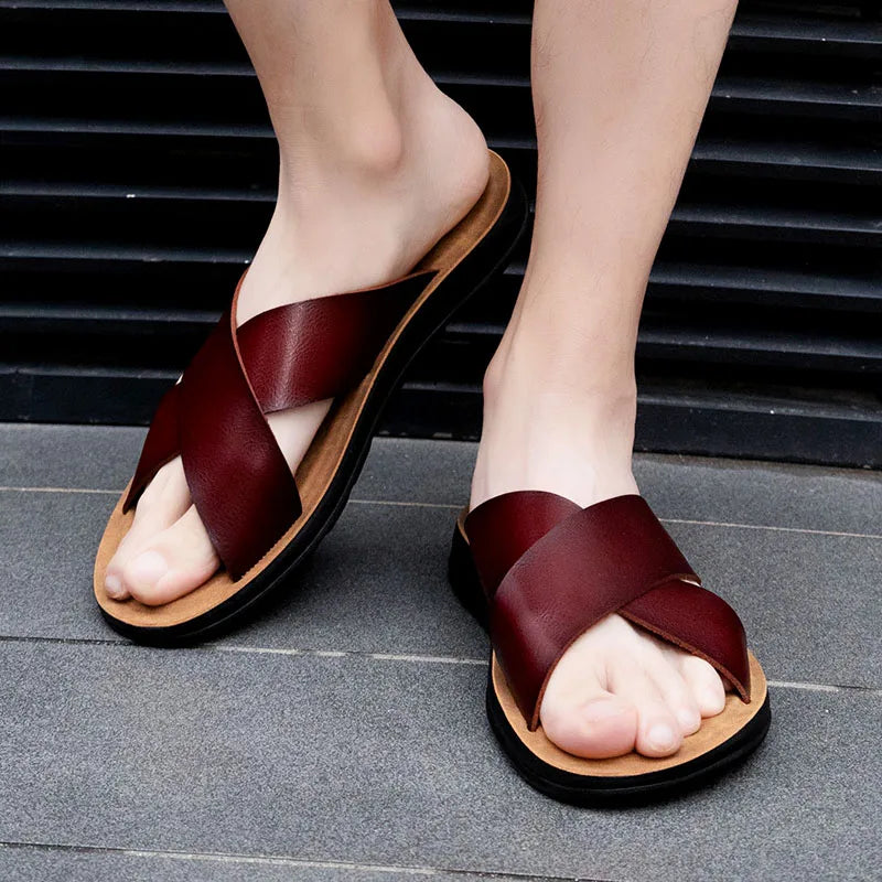 Italian Leather Slippers for Men Summer Hotel Beach High Quality Slip on Light Flats Male Flip Flops Big Size 38-47
