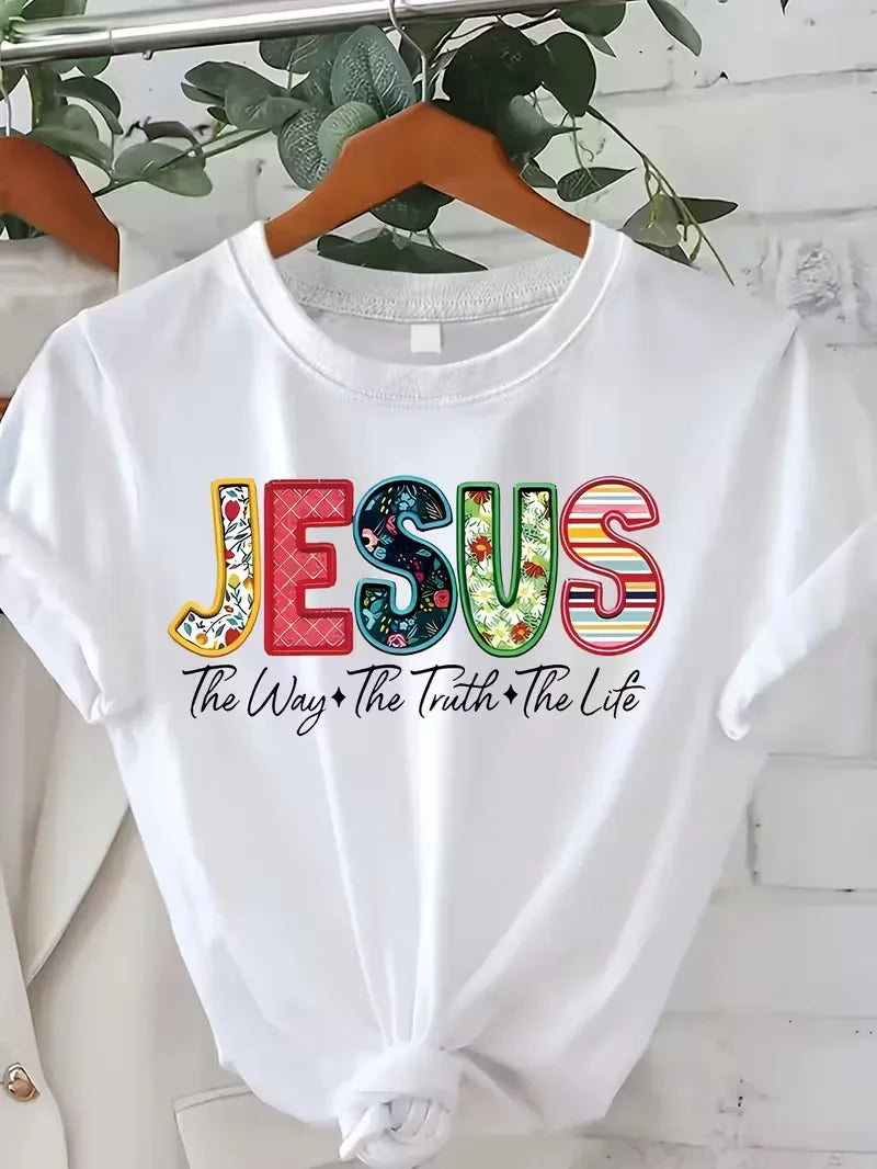 Women'S Casual T-Shirt Colorful Letter Print - "Jesus" The Way The Truth The Life" Design,