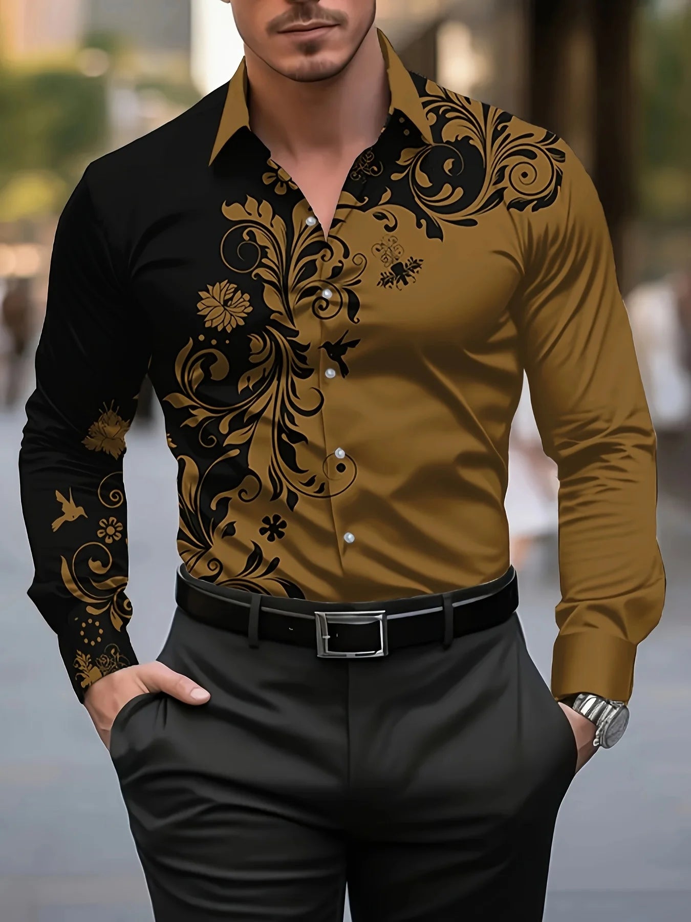 Men'S Stylish Floral Print Dress Shirt - Casual Long Sleeve Button-Up Design Floral Print Shirt