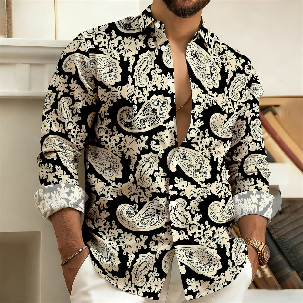 Men's Long-Sleeved Shirt with Paisley Cashew Pattern Print, Vintage, Comfortable, and Stylish Casual Men's Lapel Top