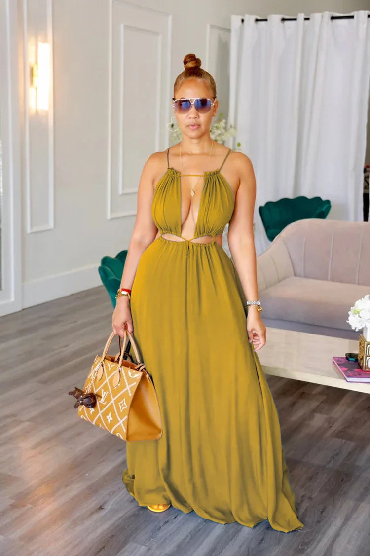 Women's Dress Summer Holiday Solid Long Dresses Sexy Drawstring Lace Up Sleeveless