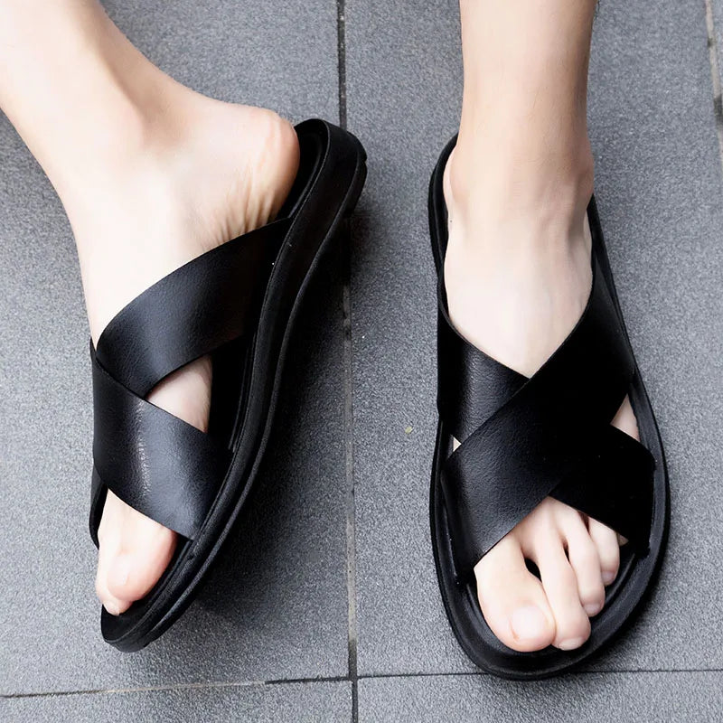 Italian Leather Slippers for Men Summer Hotel Beach High Quality Slip on Light Flats Male Flip Flops Big Size 38-47