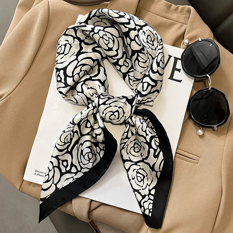 Luxury Imitation Silk Scarf Black And White Striped Head Wrap For Women Multifunction Silk Feeling Neckerchief