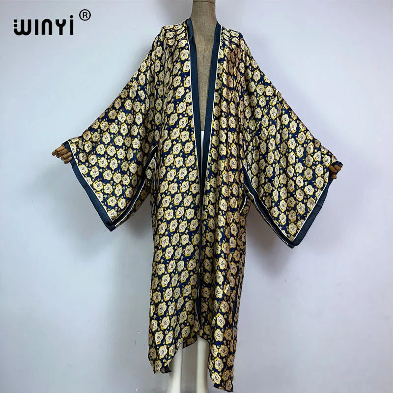 Women Cardigan stitch Cocktail sexy Boho Maxi African Holiday Batwing Sleeve Silk feeling Robe