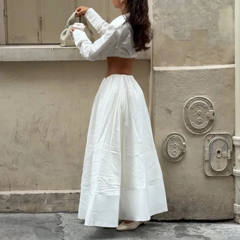TWOTWINSTYLE White Spliced Folds Two Piece Set Female V Neck Long Sleeve Shirt Minimalist Streetwear Women's Skirt Set Fashion