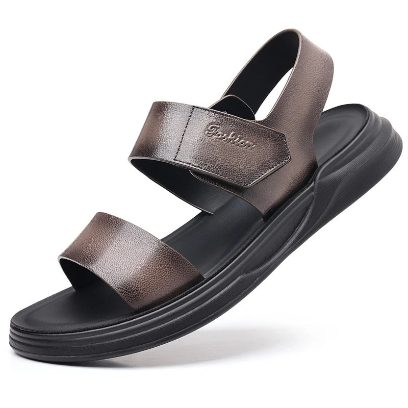 Mens First Layer Sheepskin Summer Sandals Genuine Leather Beach Shoes Casual Slip On Leather Slippers Comfortable Outdoor Male