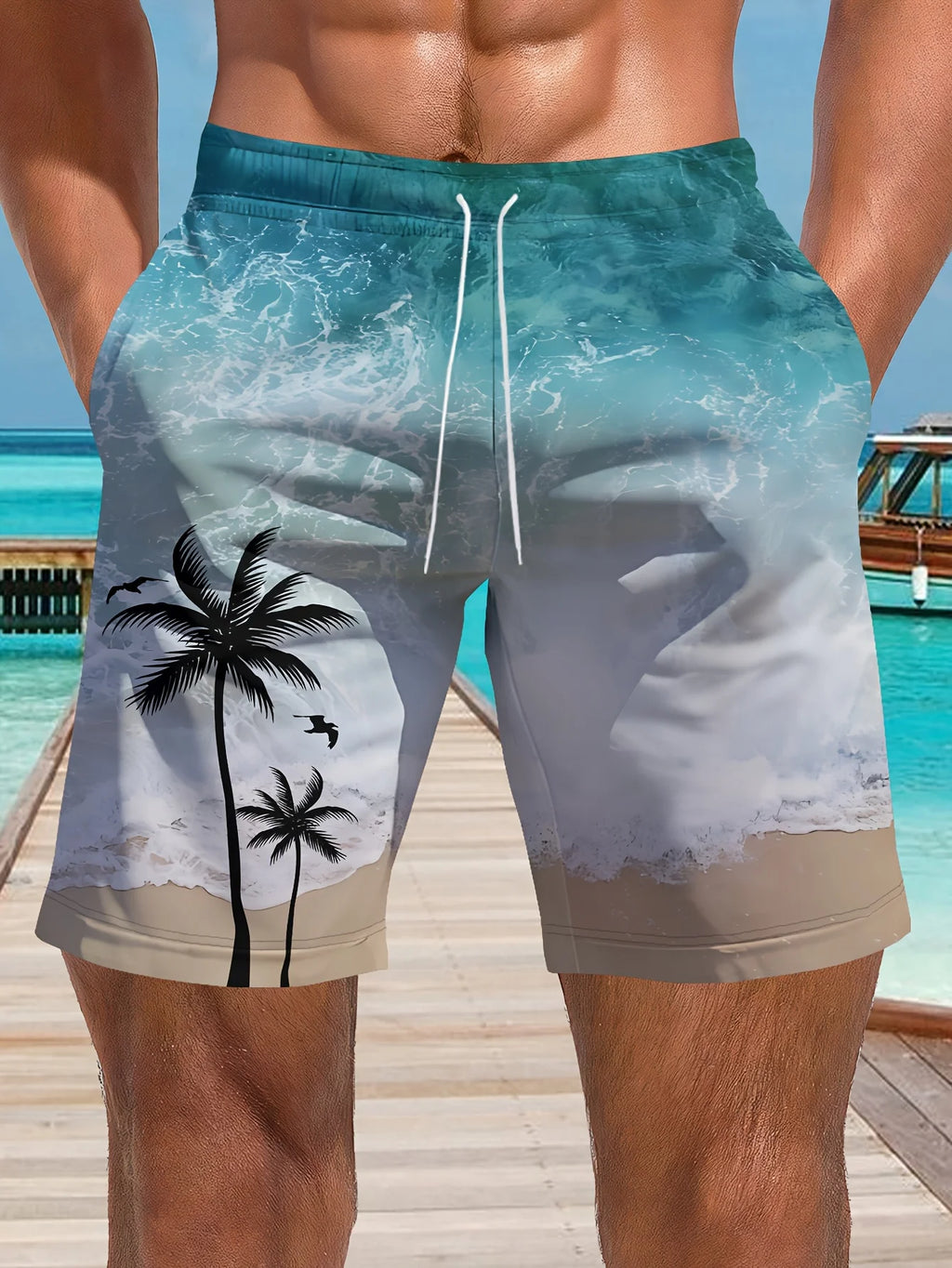 Men's Ocean Coconut Tree Print Beach Shorts Summer New Vacation Surfboard Casual Classic Men's Quick-Dry Shorts