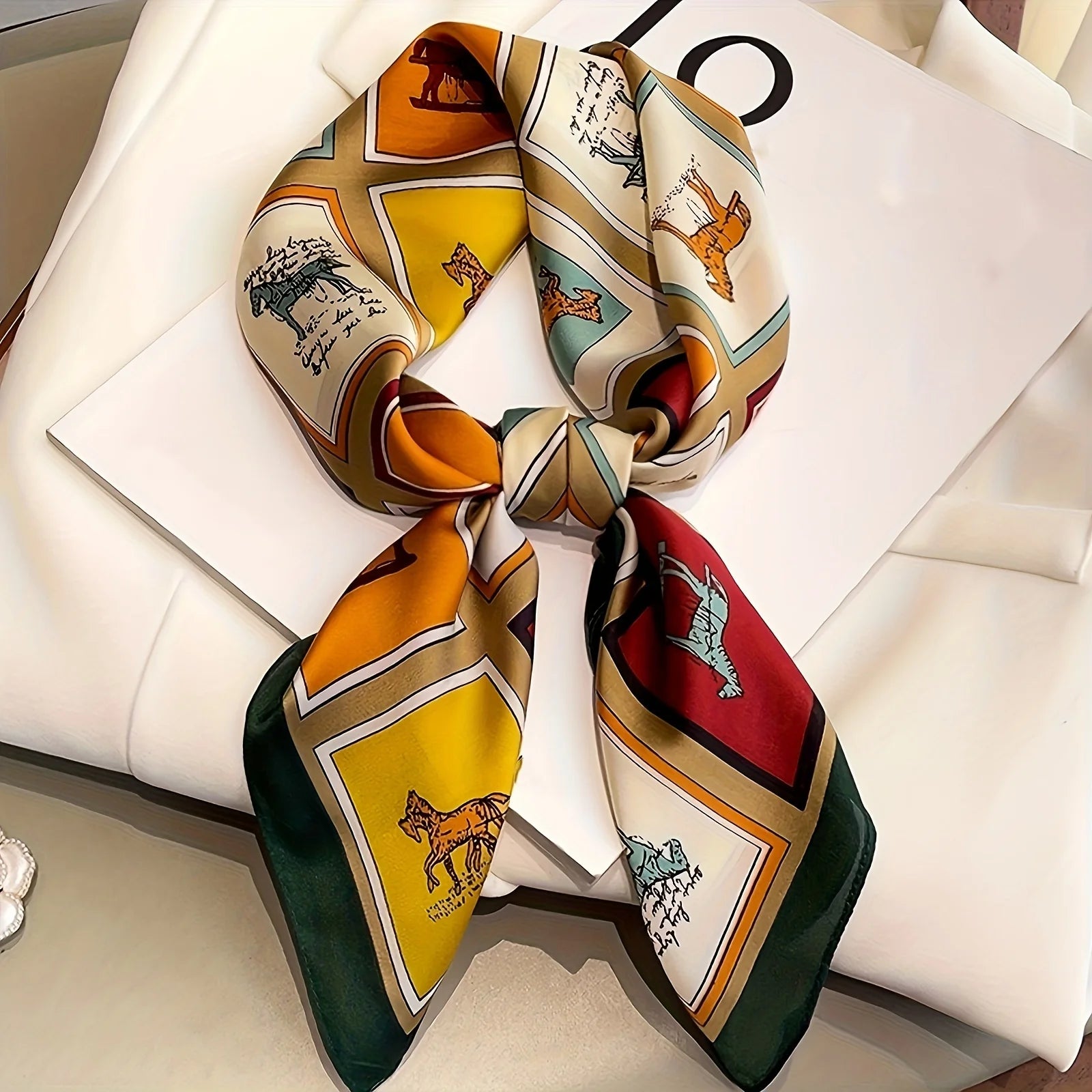 27.55" Grid Horse Print Square Scarf Simulated Silk Neck Scarf Stylish Sunscreen Headscarf For Women