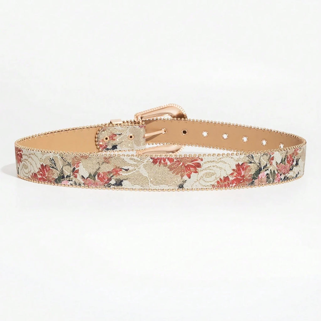 Women's Light Luxury and Elegant Carved Metal Buckle Multi-color Maple Leaf Glitter Print Beaded Edge Belt for Jeans