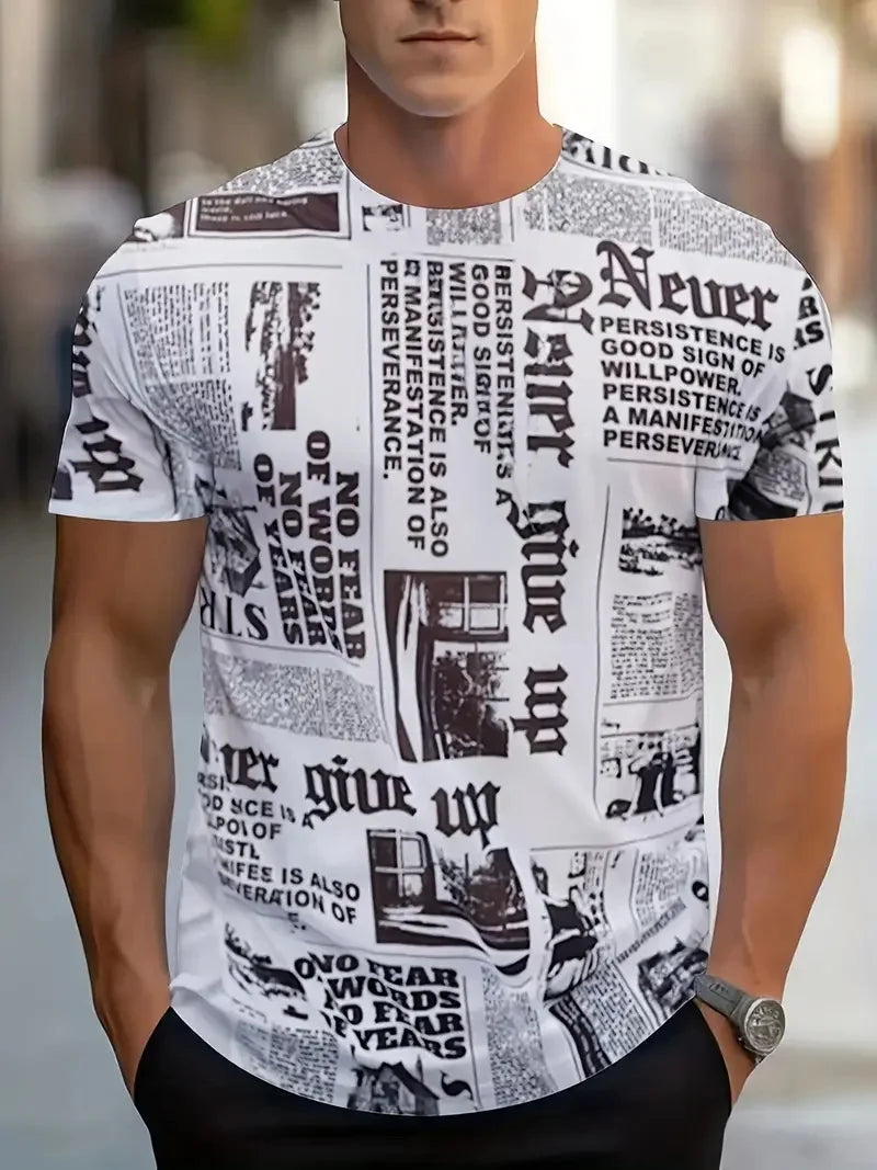 Men's Newspaper Graphic T-Shirt Clothes Casual Crew Neck Short Sleeve T shirts