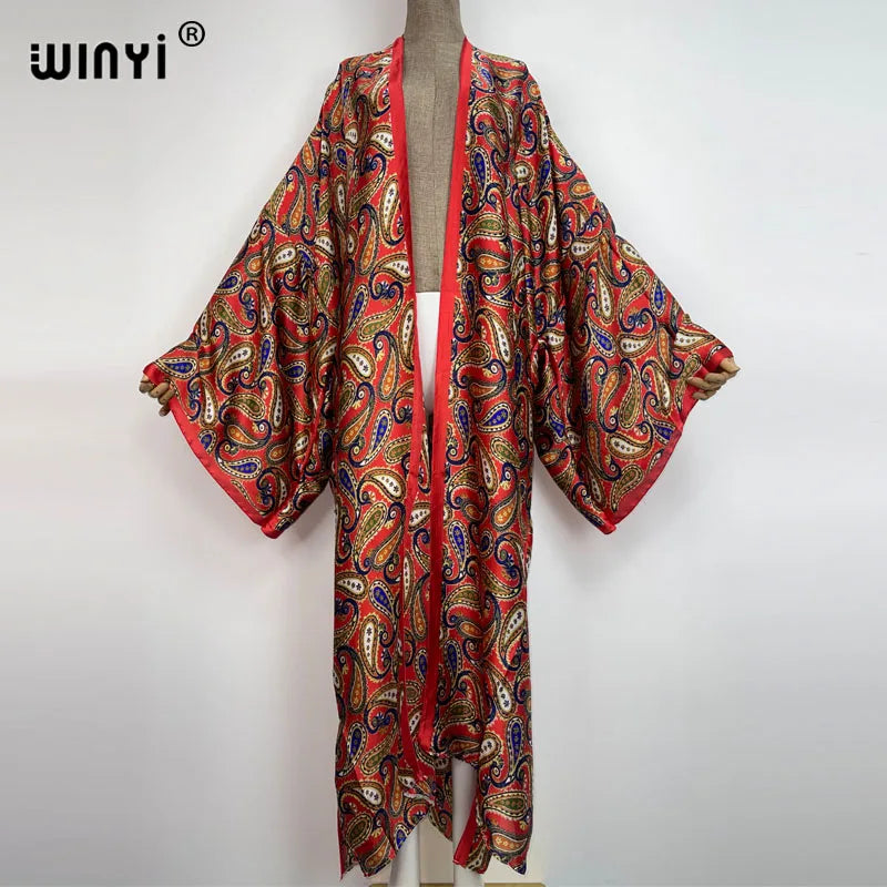 Women Cardigan stitch Cocktail sexy Boho Maxi African Holiday Batwing Sleeve Silk feeling Robe