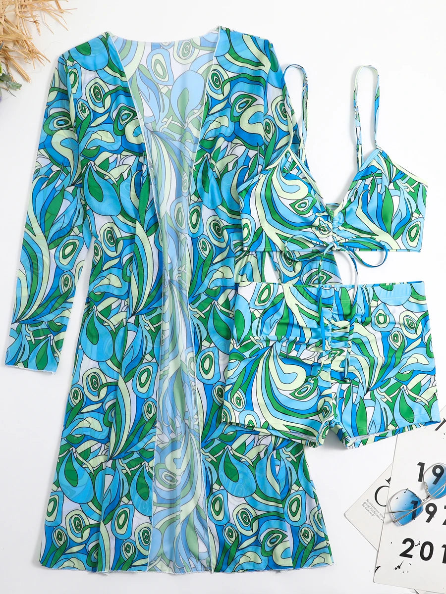 3 Piece Sexy Printed Bikinis 2026 Women High Waist Swimsuit Cover Up Swimwear Female Lady Bathing Suit Swimming Summer Beachwear
