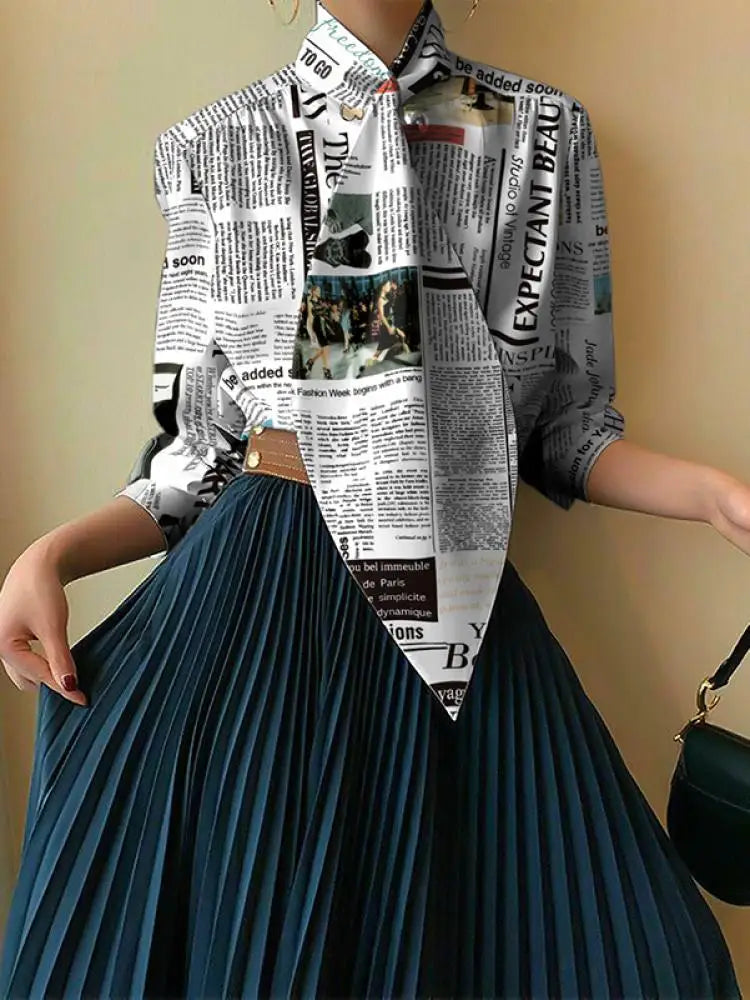 Yeezzi Women's Fashion Letter Printed Tie Design Blouses 2026 Spring Summer Long Sleeve Stand Collar Casual Office Shirts Tops
