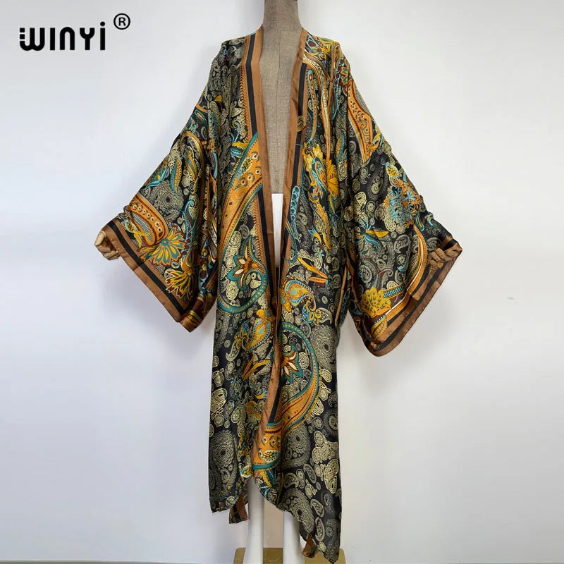 Women Cardigan stitch Cocktail sexy Boho Maxi African Holiday Batwing Sleeve Silk feeling Robe