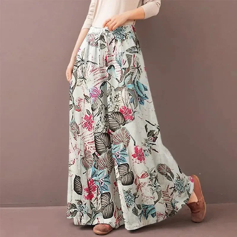 Floral Print Wide Leg Women Pants Spring Drawstring Bohemia Trousers Lady Casual Loose Elastic Waist