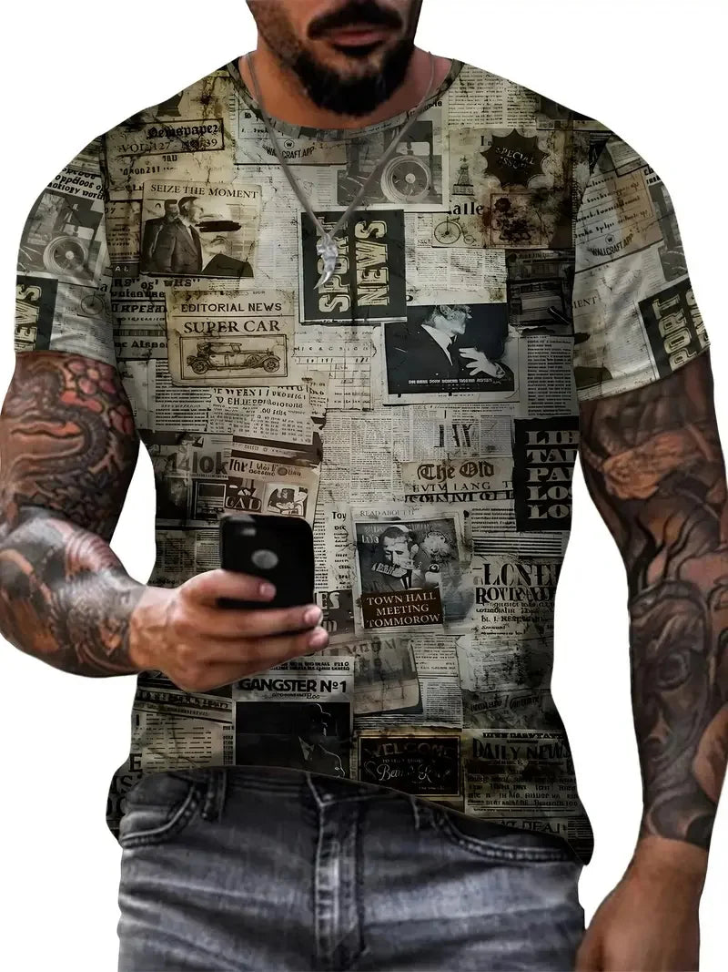 Men's Newspaper Graphic T-Shirt Clothes Casual Crew Neck Short Sleeve T shirts