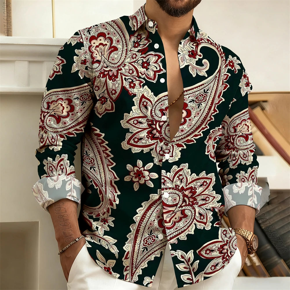 Men's Long-Sleeved Shirt with Paisley Cashew Pattern Print, Vintage, Comfortable, and Stylish Casual Men's Lapel Top
