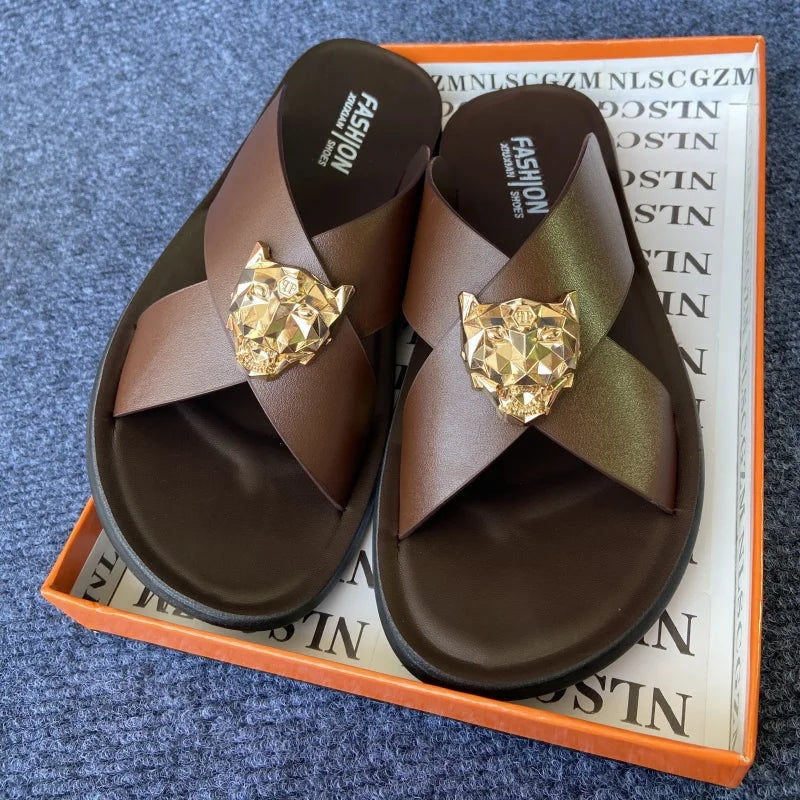 Leather slides for man black brown fashion shoes for mens slippers business beach slippers