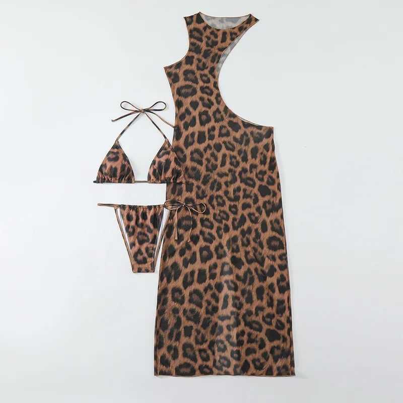 Women Beach Bikini Set with Cutout Leopard Printed Sexy Long Bodycon Swimsuit Three 2 Piece Set Swimwear Bathing Suit