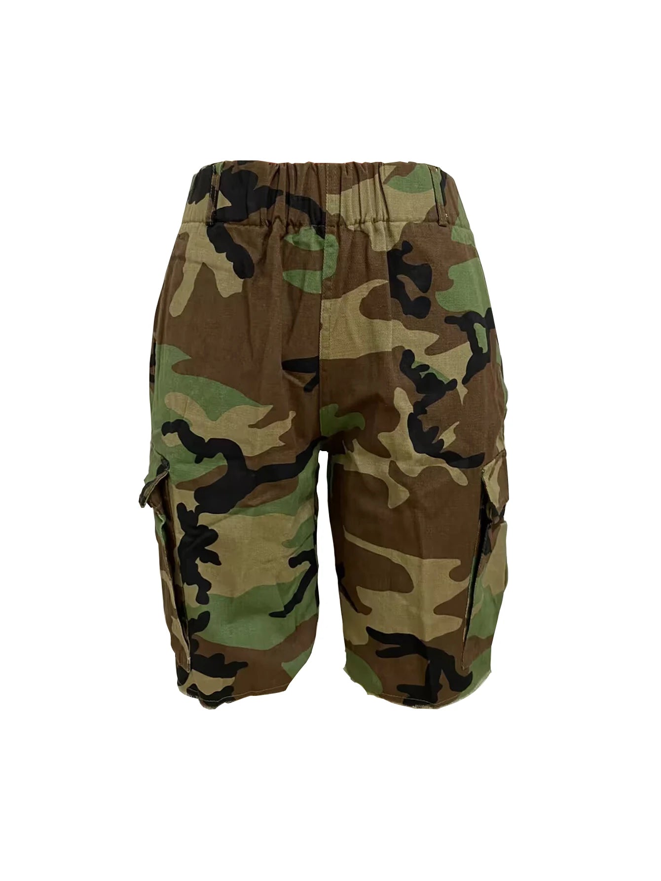 Women's Camouflage Printed Rubber Waist Shorts with Multi Pockets Casual Loose Fit Military Style Polyester Elastane Shorts