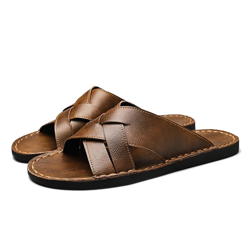 Handmade Leather Slippers for Men, Beach Summer Walking Shoes Slip on Light Male Flats Men Flip-flops Outdoor Half Drag