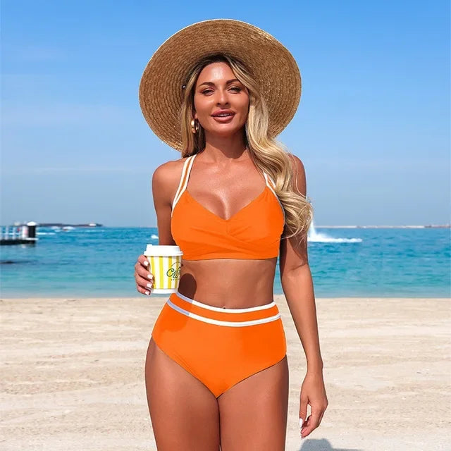 Women's solid colors/white stripe Bikini set beach style, two-piece swimsuit backless swimsuit