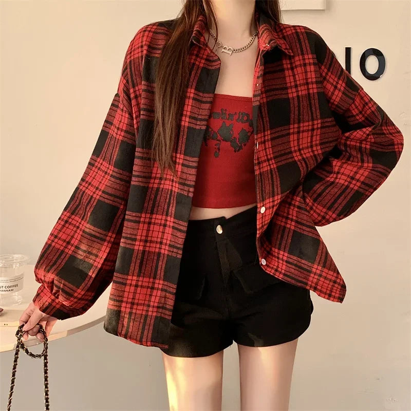 Flannel Shirts for Women Long Sleeve Collared Button-Up Tartan Plaid Shirt Jacket  Teen-girl Casual Everyday Outfit