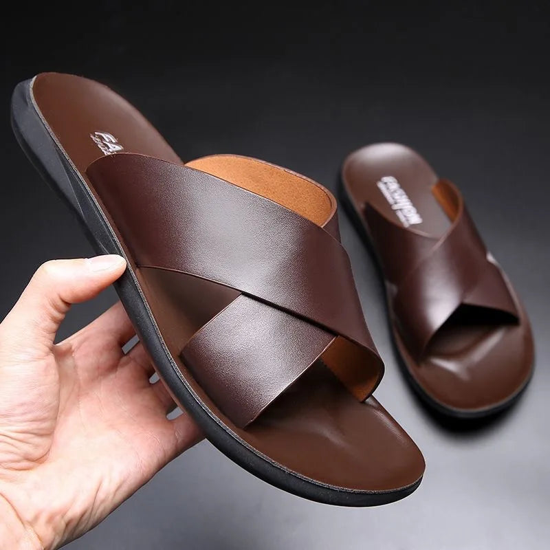 Genuine Leather Sandals for Men Casual Non-Slip Beach Shoes Fashion Soft Soled Flip Flops Men Flat Shoes