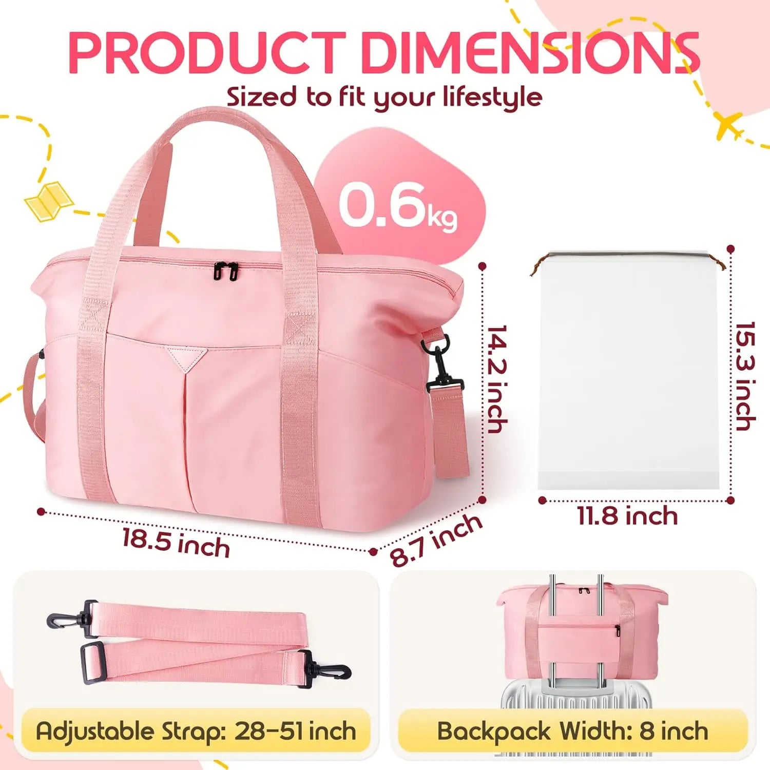 Versatile Travel Duffel Bag with Trolley Sleeve, Waterproof Pocket for Gym and Hospital Use in Pink