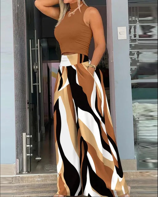 Plus Size Printing Two Piece Set Women Casual Solid Sleeveless Tank Top Wide Leg Pants Two Piece Set 2026 Fashion Clothing