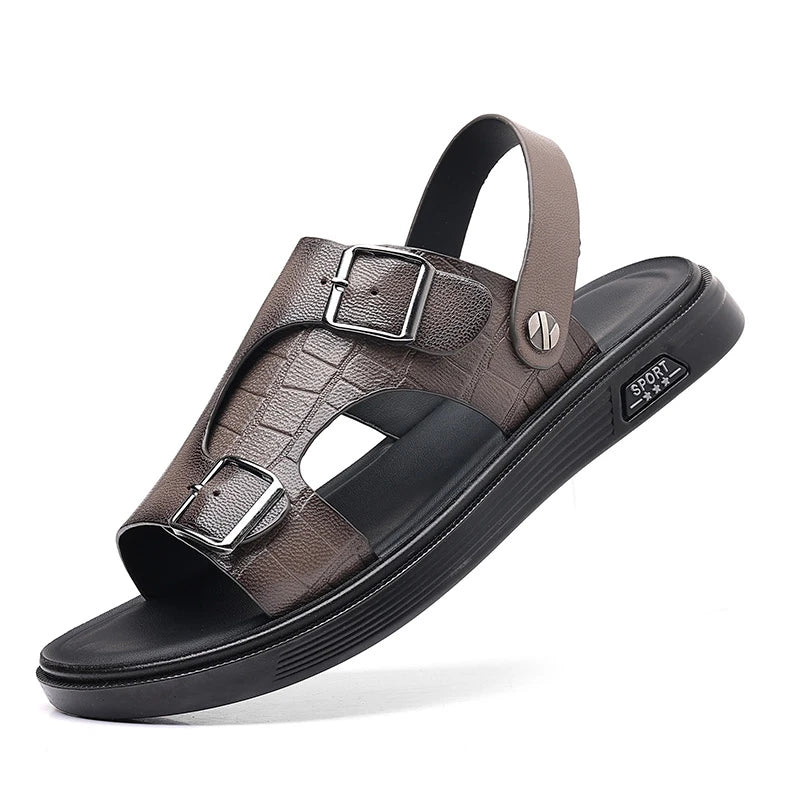 Mens First Layer Sheepskin Summer Sandals Genuine Leather Beach Shoes Casual Slip On Leather Slippers Comfortable Outdoor Male