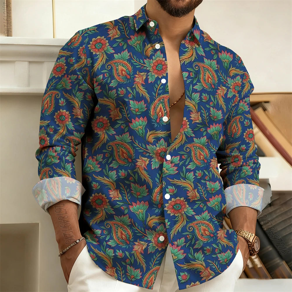 Men's Long-Sleeved Shirt with Paisley Cashew Pattern Print, Vintage, Comfortable, and Stylish Casual Men's Lapel Top