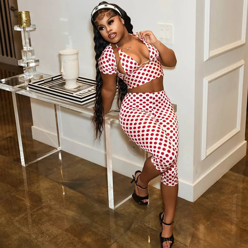 Fashion Vintage Polka Dot Print 3 Piece Sets Woman Outfits Short Sleeve Crop Tops and Midi-Pants
