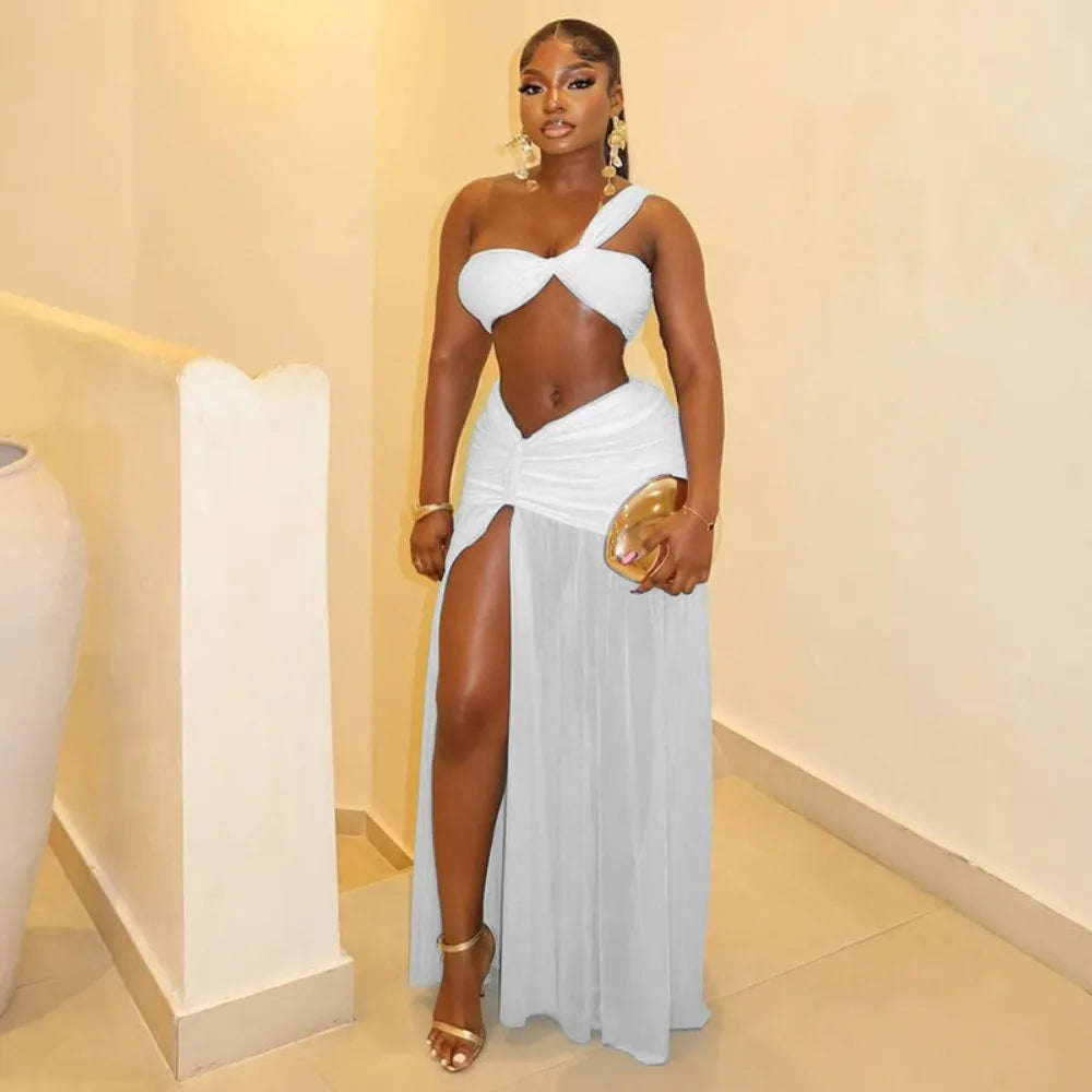 Sexy Mesh Ruched 2 Piece Sets Woman Strapless Crop Tops And High Split Long Skirts Suits Elegant Beach Vacation Clothing