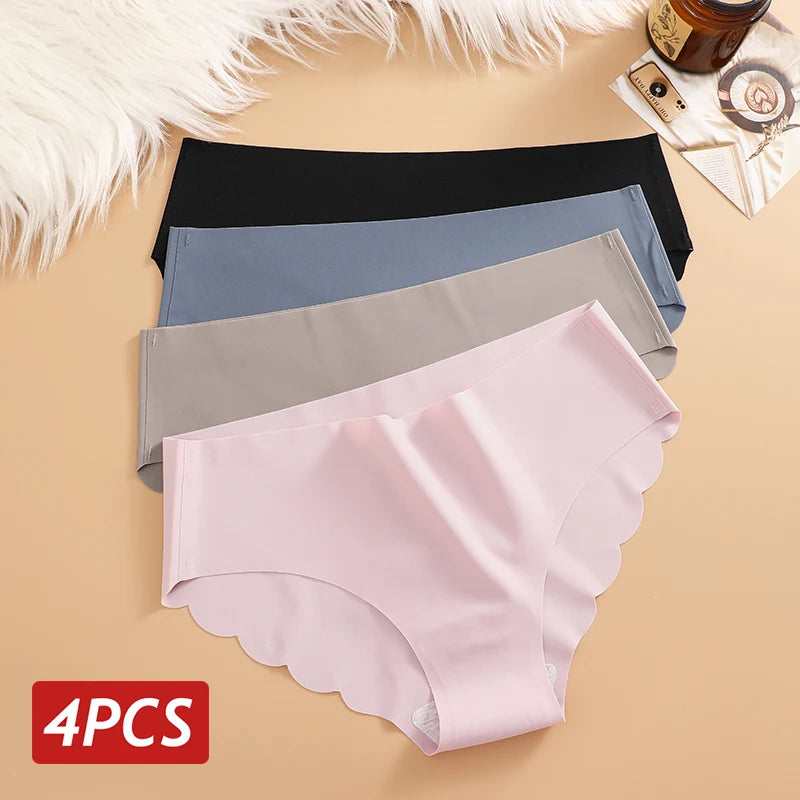 4PCS Ice Silk Seamless Panties Set Women's Briefs Solid Color Elastic Underwear Female Ultra Thin No Trace Wavy Side Panties
