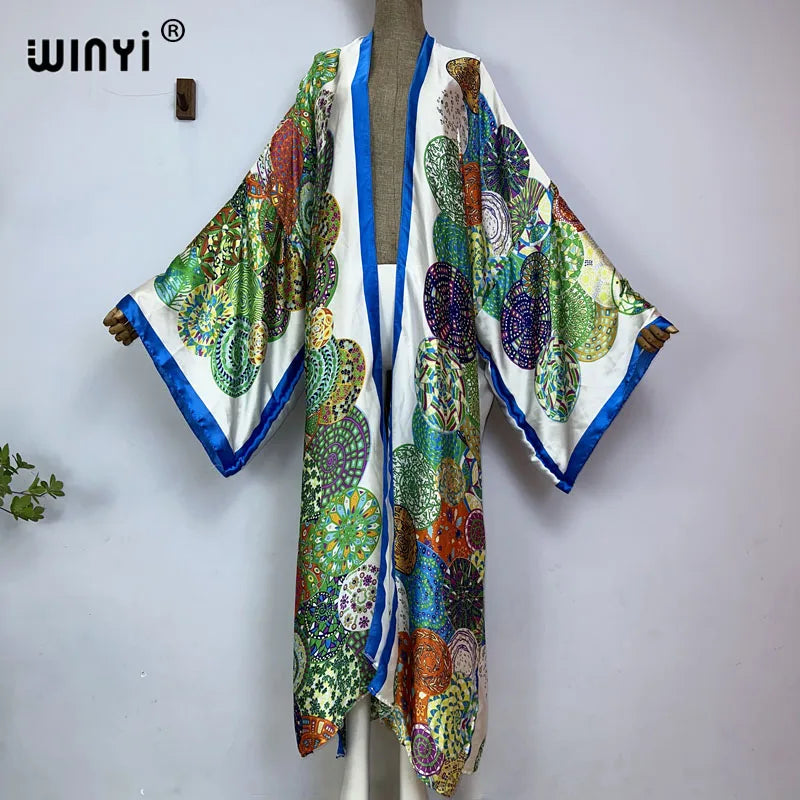Women Cardigan stitch Cocktail sexy Boho Maxi African Holiday Batwing Sleeve Silk feeling Robe
