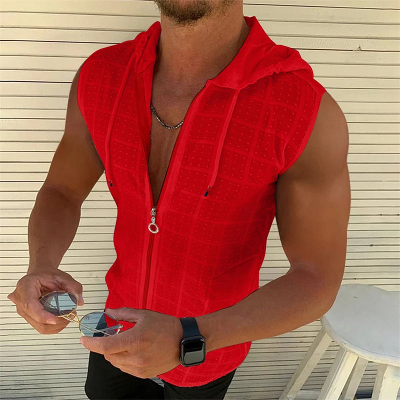 Sleeveless hooded zippered cardigan T-shirt for men's summer new fashionable
