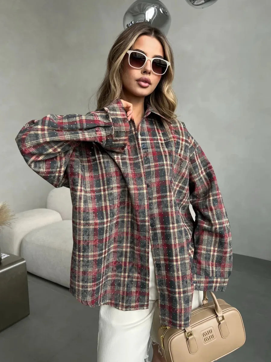 Women's Spring Loose Blouse Rhinestone Lapel Casual Top Long Sleeve Plaid T-Shirt Korean Style Vintage Fashion Chic Middle Age