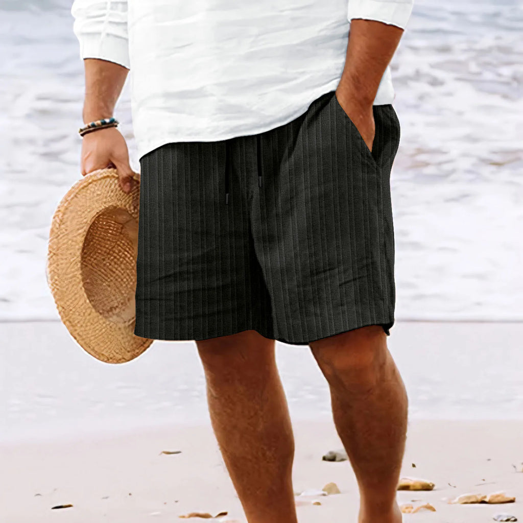 Men's Hawaiian Beach style solid color striped multi-pocket tethered casual lightweight comfortable shorts