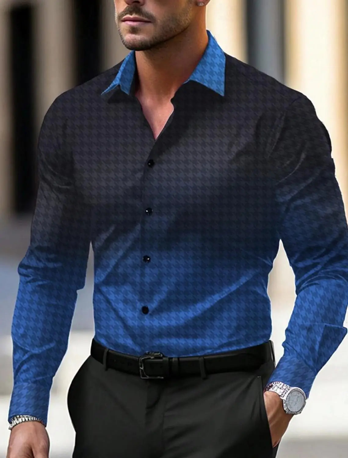 Men's Business Casual Printed Long Sleeve Shirt Formal Button Up Shirt Cuffed Long Sleeve